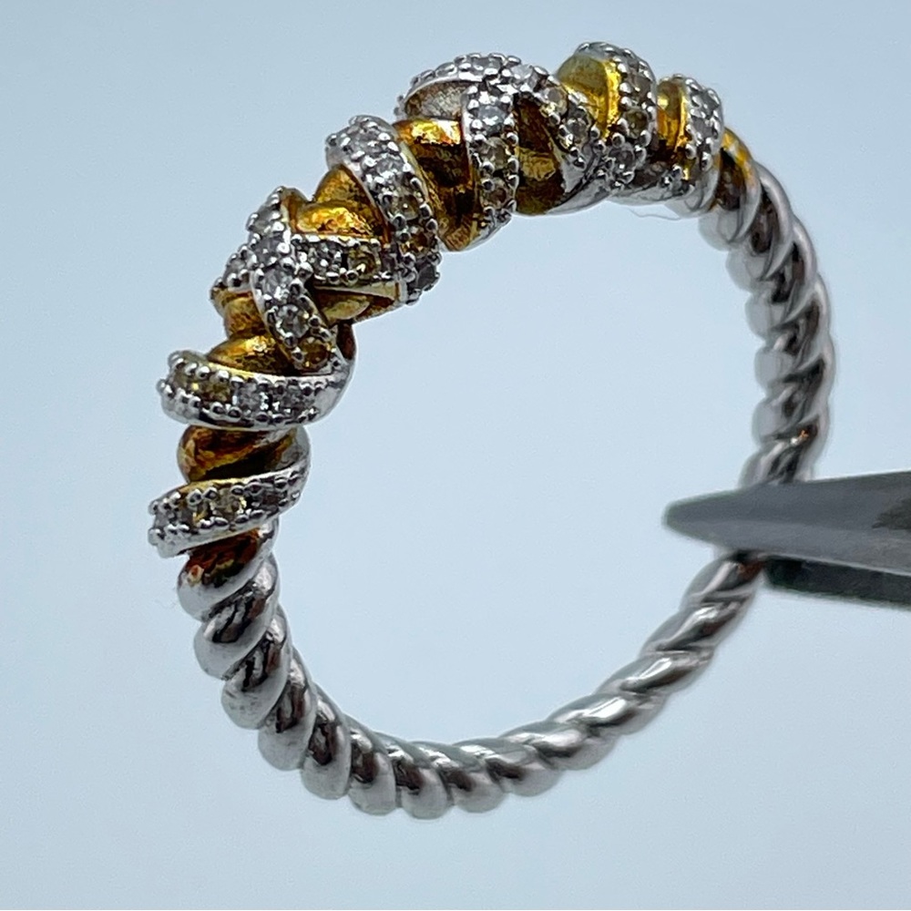 Two-Tone Silver & Gold Twist Band Ring with Crisscross Accents Size 9